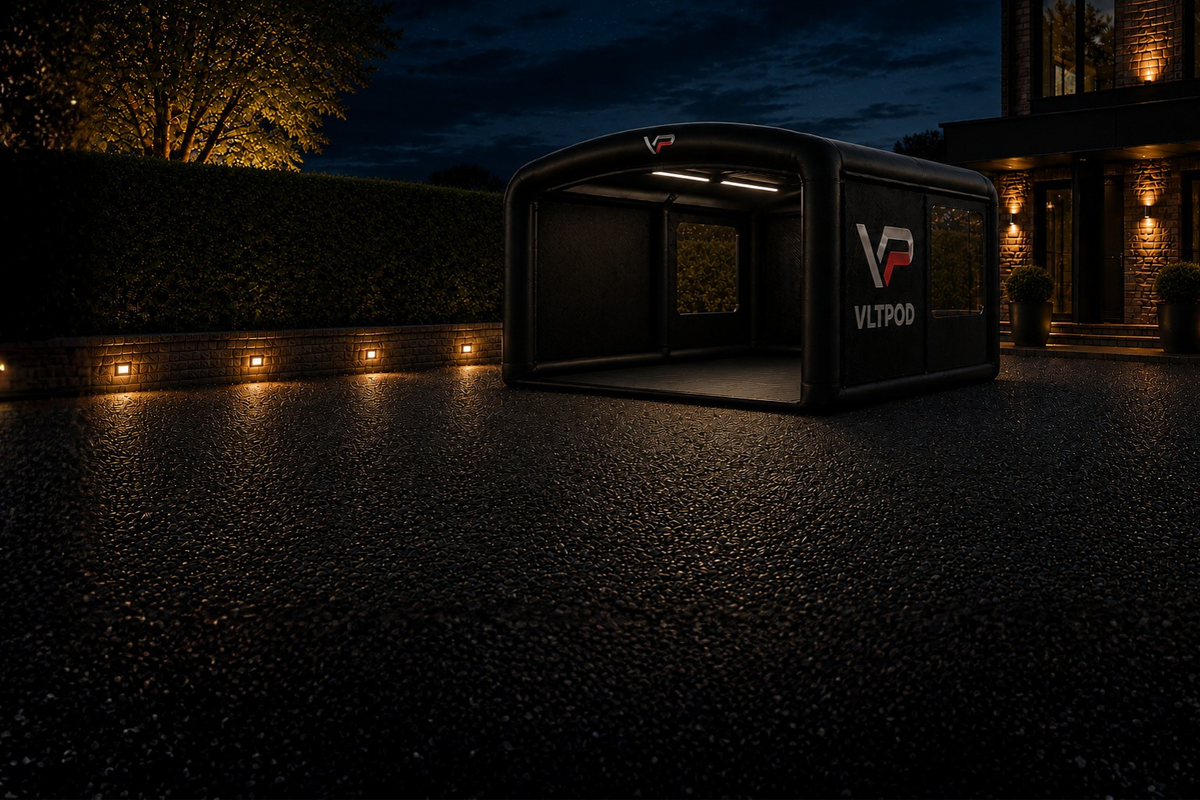 Premium vehicle enclosure at dusk