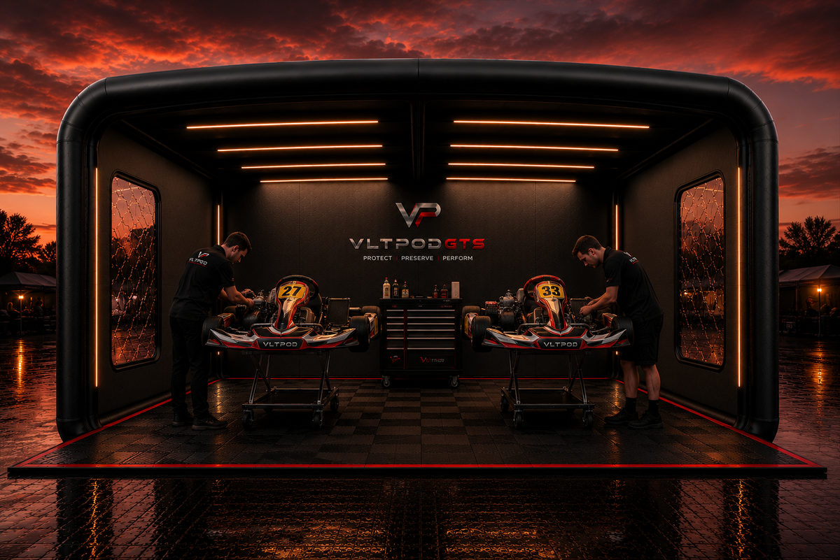VLTPOD trackside paddock workspace with two racing karts